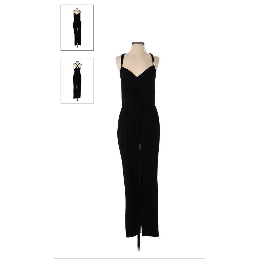 Jennifer Lopez Black Surplice Wrap Jumpsuit Wide Leg XL Gold Hardware Sleeveless